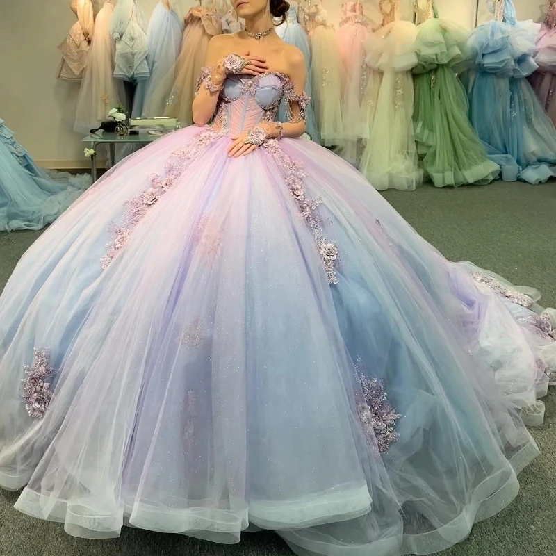 

Небесно-голубое Сиреневое платье 15 Quinceanera, кружевное платье с аппликацией, с открытыми плечами, бусинами и стразами, бальное платье