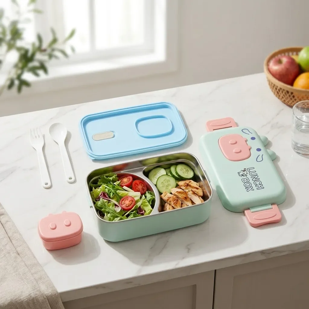 304 Stainless Steel Bento Box Cute Kids Lunch Box Microwavable Divided Airtight Food Storage Containers with Cutlery for School