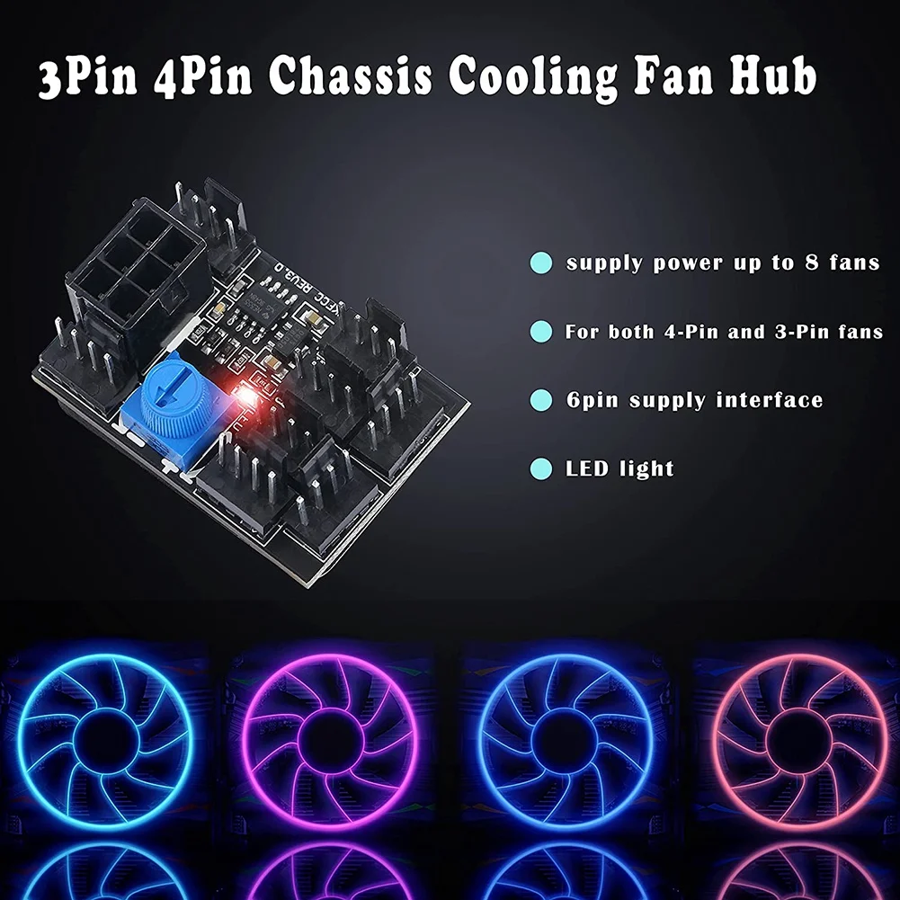 3-Pin 4-Pin Fan Adapter PWM PC Case Cooling Fan Hub 8-Way Splitter 12V Speed ​​Controller with 6-Pin Power Port