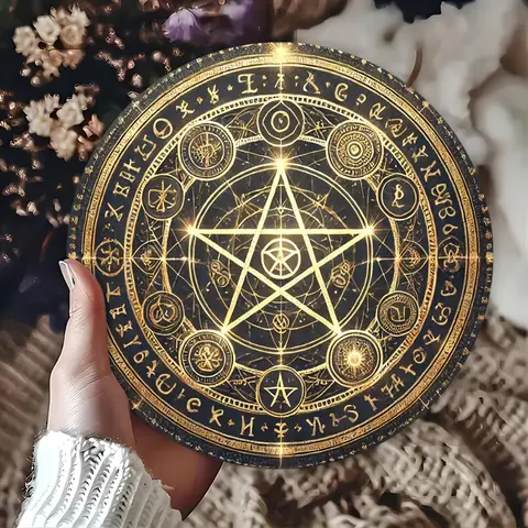 Acrylic Painting Mystical Golden Pentagram Magic Circle Art with Occult Runes and Alchemical Symbols Esoteric Wiccan Wall Decor