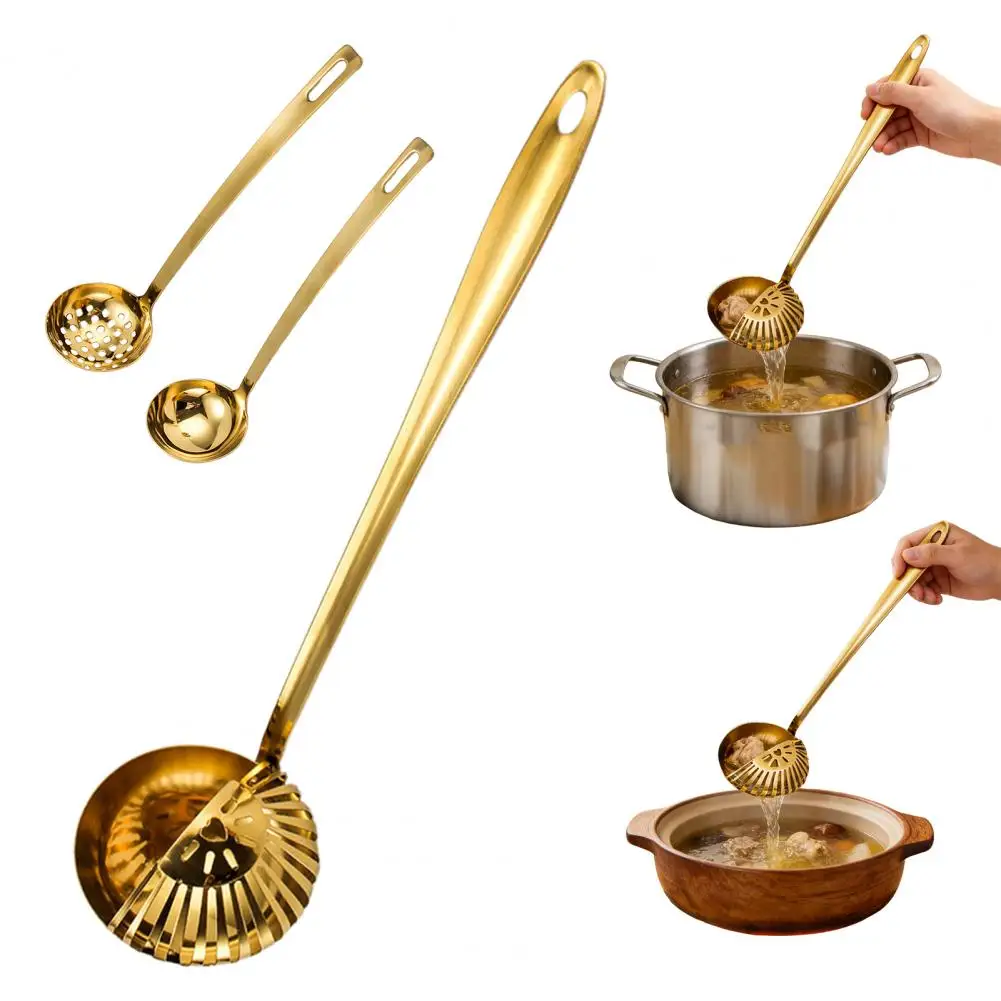 

Stainless Steel Soup Ladle with Long Handle And Strainer 2-in-1 Kitchen Spoon for Serving And Filtering Easy to Store Hanging Ho