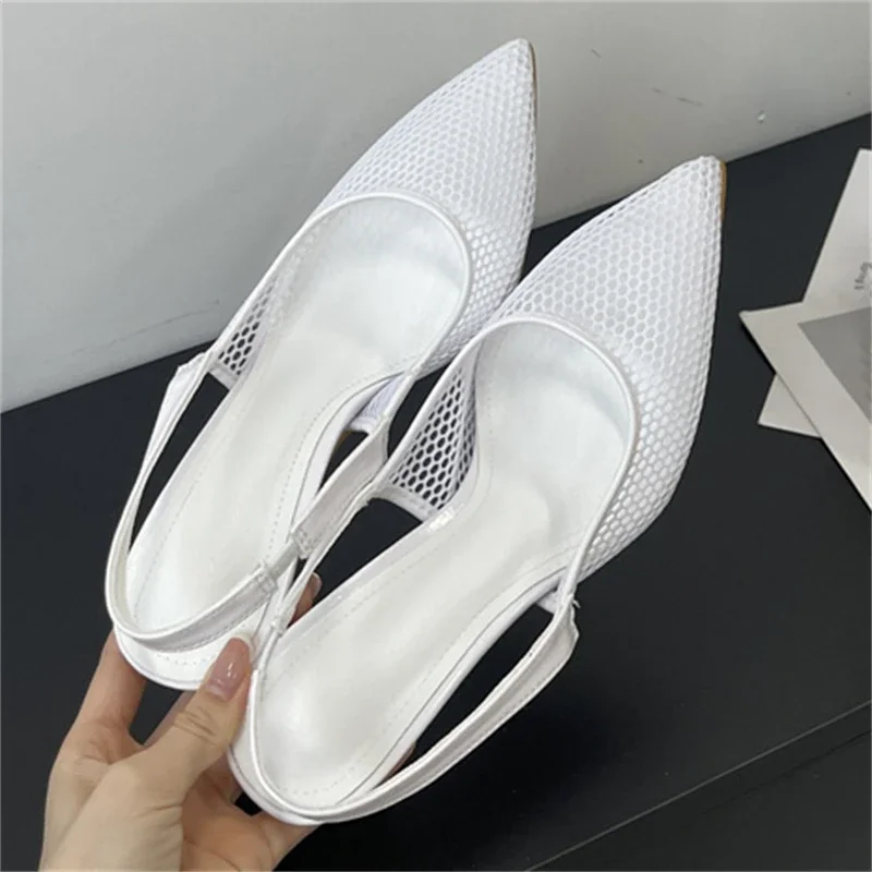 

Aneikeh Mesh Fabric Pointed Toe Women Slingbacks Pumps Sexy Elegant Strap Party Prom Thin Low Heels Mule Dress Banquet Shoes