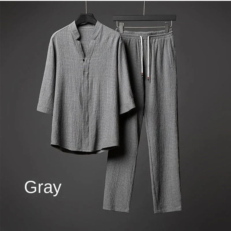 

2024 Summer men's two-piece linen fabric casual T-shirt and trousers suit men's sports suit fashion short sleeved sportswear