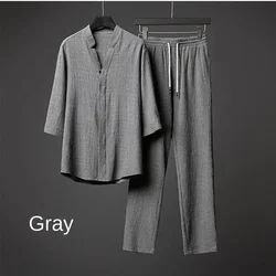 2024 Summer men's two-piece linen fabric casual T-shirt and trousers suit men's sports suit fashion short sleeved sportswear