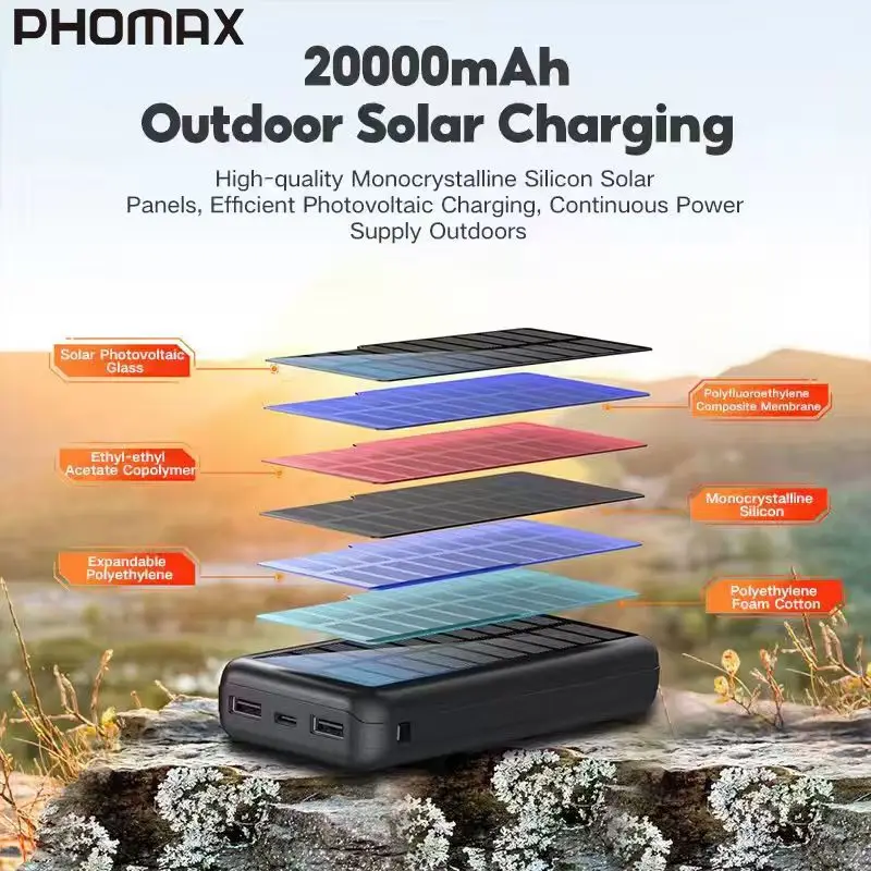 

PHOMAX Solar Powered Li-polymer Battery Cell Phone Power Bank with Strong Fill Light for Night Driving And Hiking