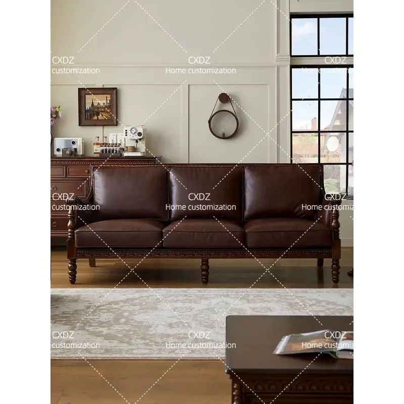Solid Wood Leather Sofa Retro Living Room Antique Straight Walnut First Layer Cowhide Large Sofa