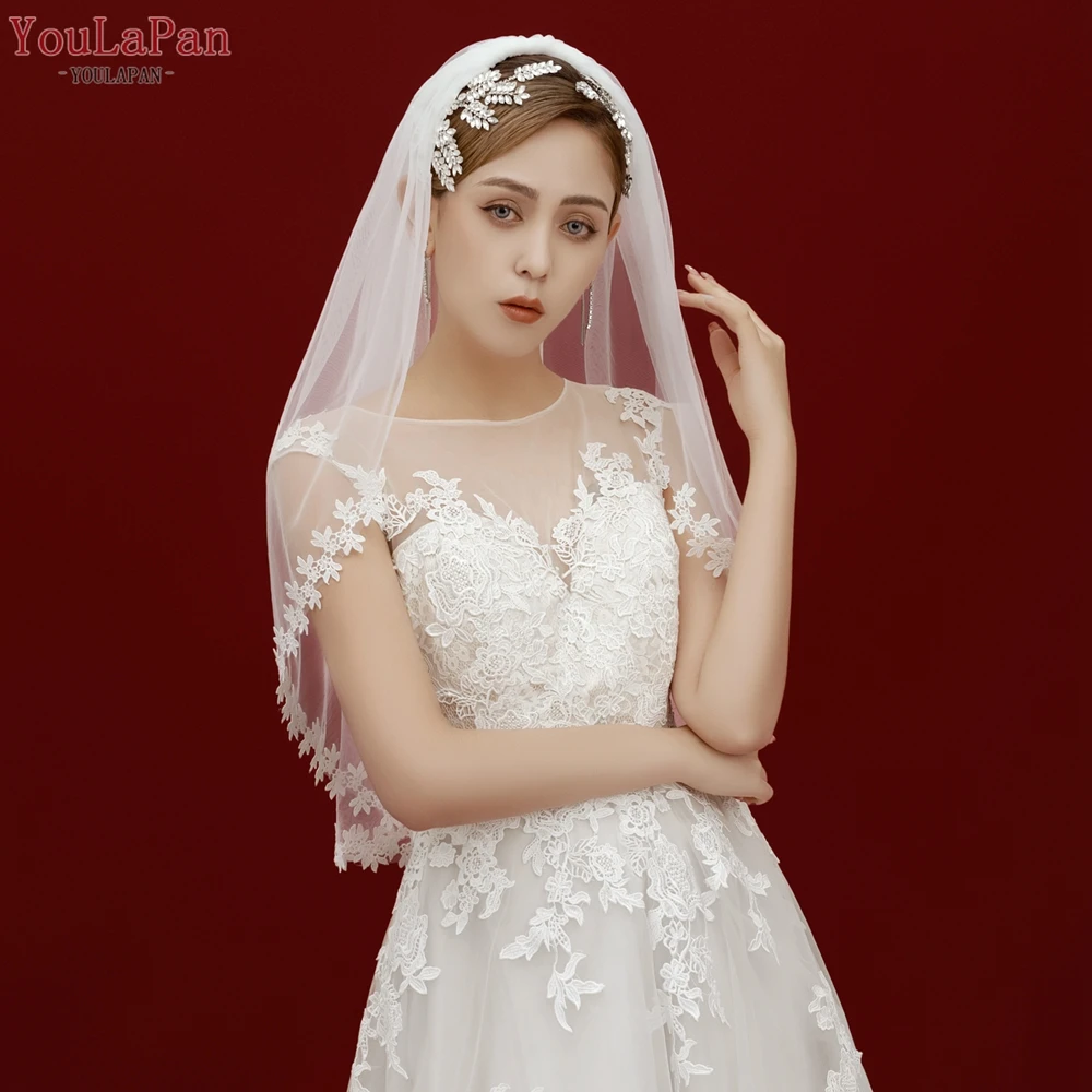 Youlapan V53 Wedding Veil with Lace Flowers Elbow Length Bridal Veil with Hair Comb Soft Single Tier Bridal Veil Thin Scallop