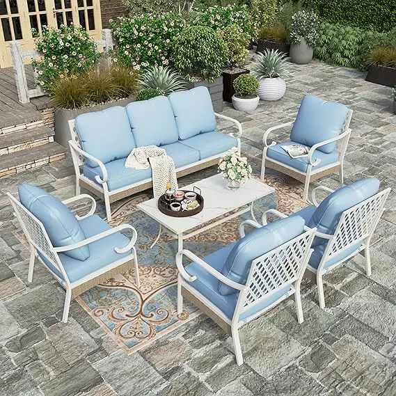 

6 Piece Patio Furniture Set, 4 x Metal Cushioned Chair with Woven Rattan, 1 x 3-Seat Sofa with Marbling Coffee Table