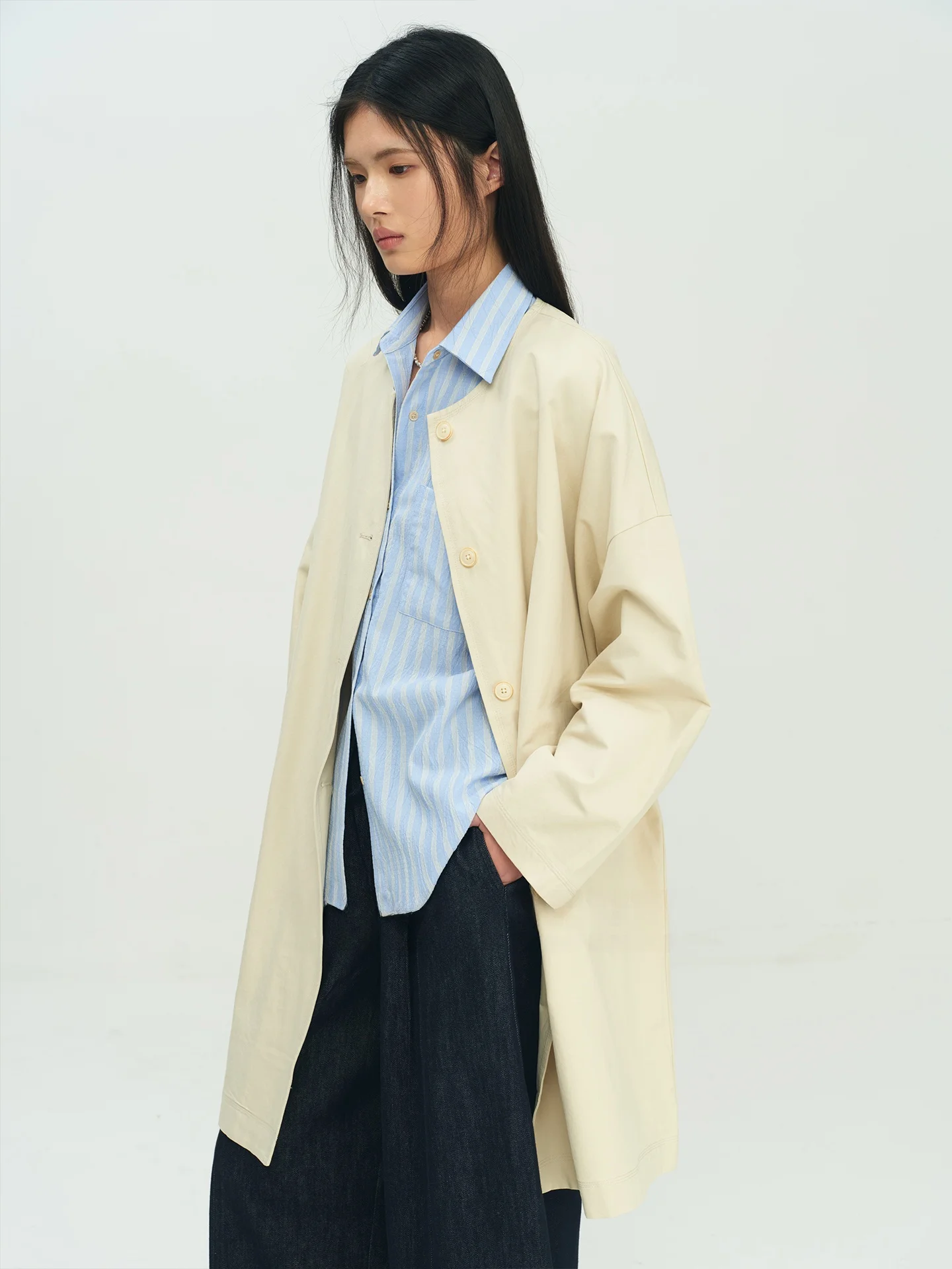 

YIISENSEE Elegant Cotton Khaki Long Coat Pure Cotton round Collar Single Button Women's Spring Fashion Outerwear