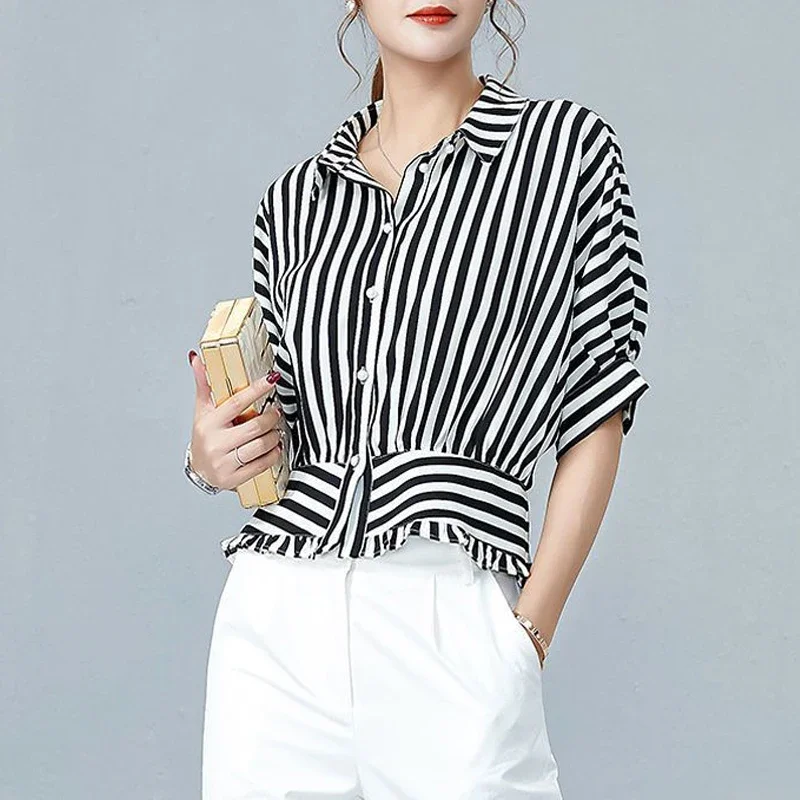 Women Ruffles Striped Shirts Summer Elegant Office Lady Business Casual Blouse Short Sleeve Loose Tops Blusas Mujer De Moda 2023