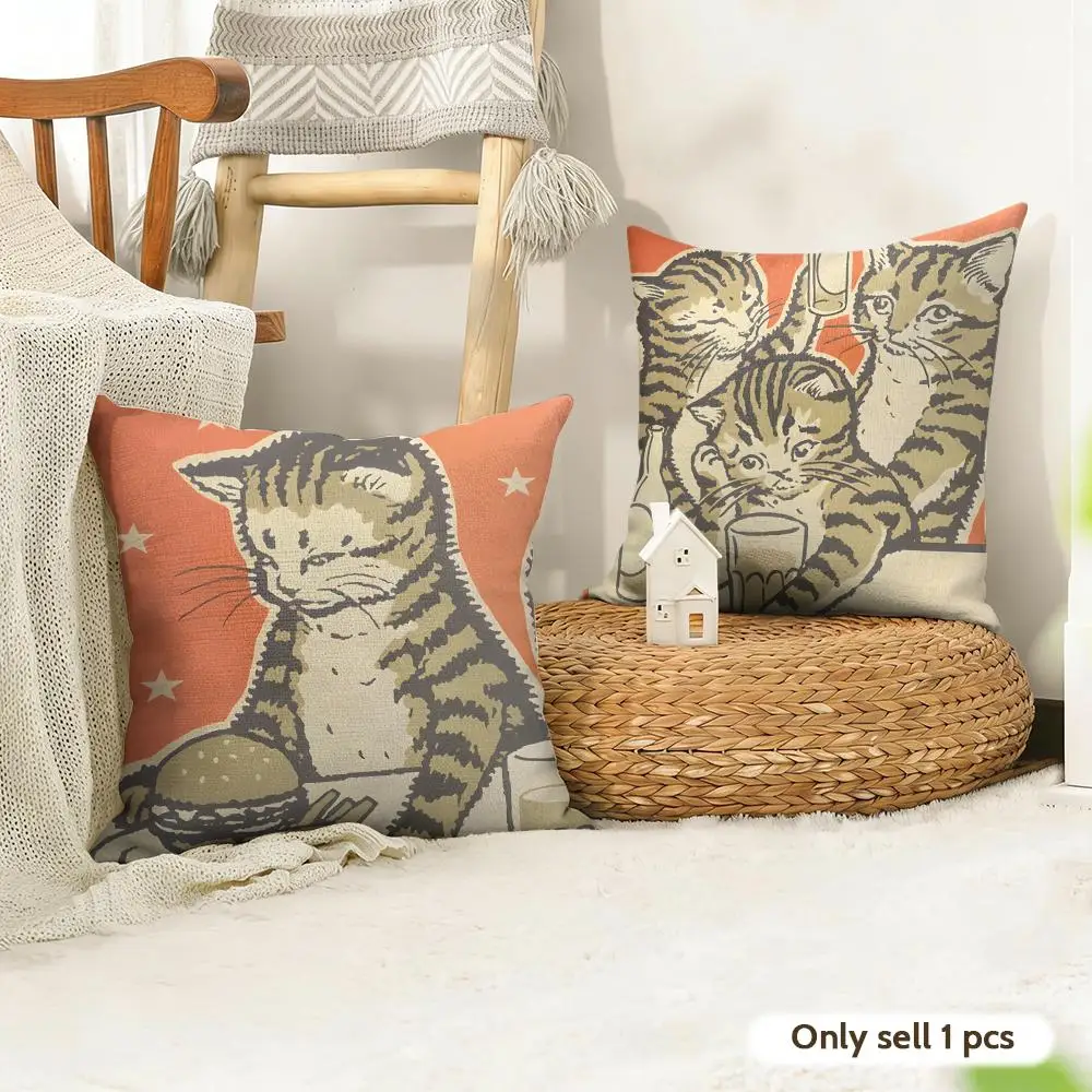 Retro Artisian Drunk Cats Cushion Cover Natural Linen Organic Fabric Double-Sided Printing Room Sofa Decor Pillow Case