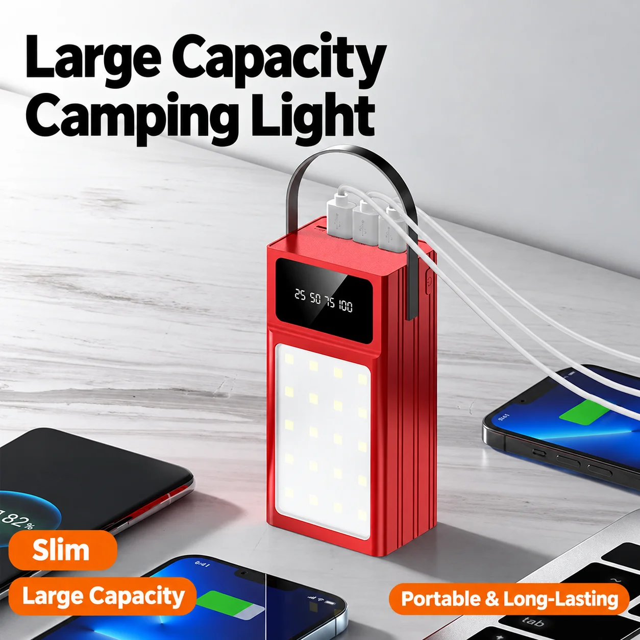 100000mAh Large Capacity Power Bank Camping Light Multi Function With Lanyard For Live Broadcast Portable External Battery
