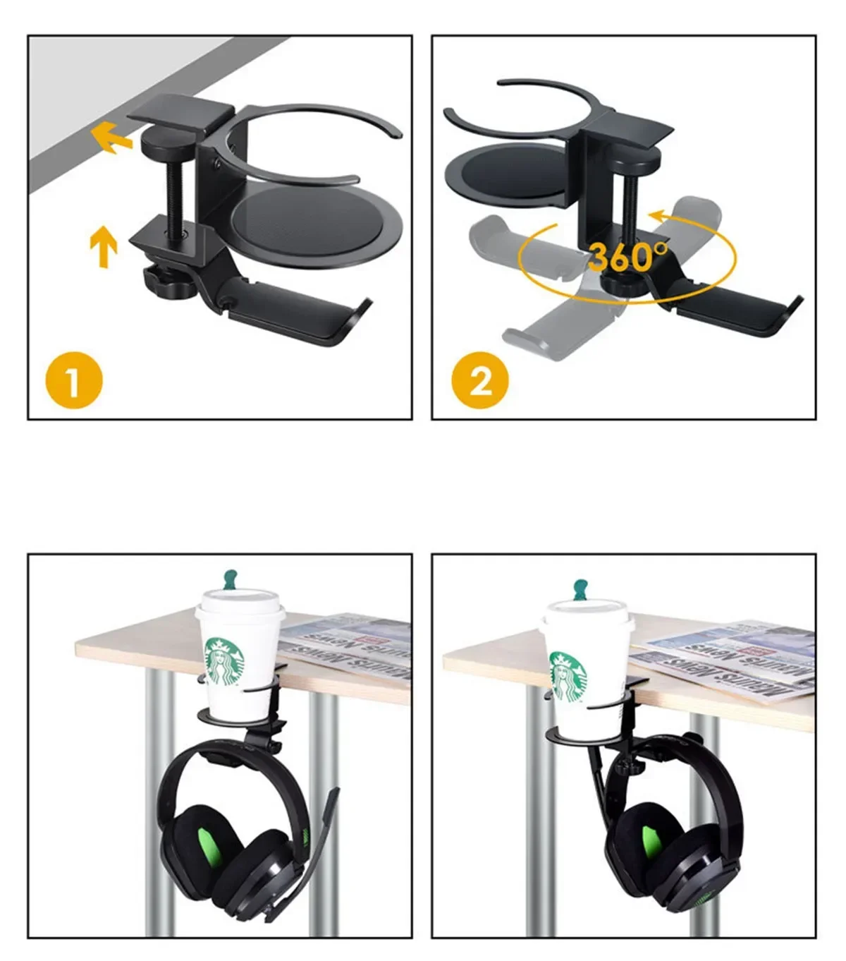 Headphone Stand Headset Hanger 2 in 1 Aluminum Under Desk Gaming Headset Holder Hook Clip Rotating Clamp Mount Earphone Rack