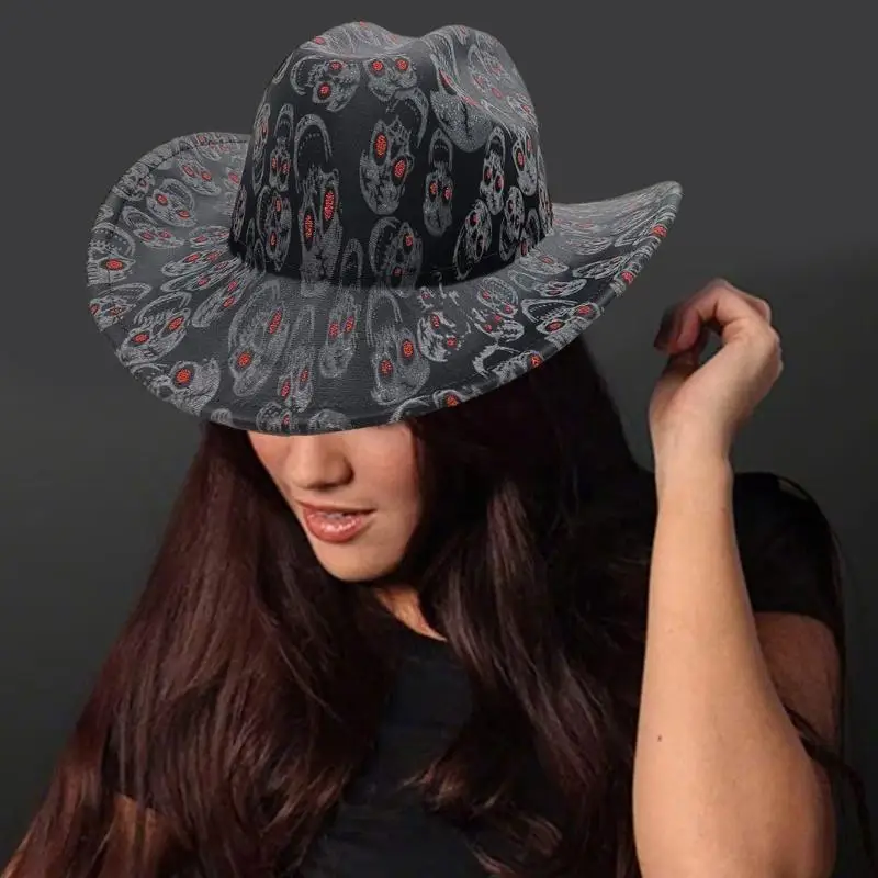 

31BB Western Styles Hat Roll Trim Cowgirls Fedoras Wide Brims Hat with Skull Pattern for Outdoor Activity and Cosplay Party