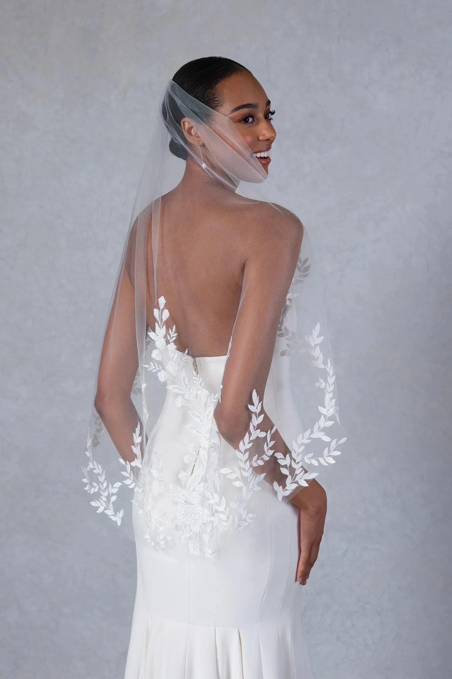 Elegant Veil with Leafy Lace Applique and Blusher Front Women's Bridal Shoulder Wrap Accessory Customized V265209