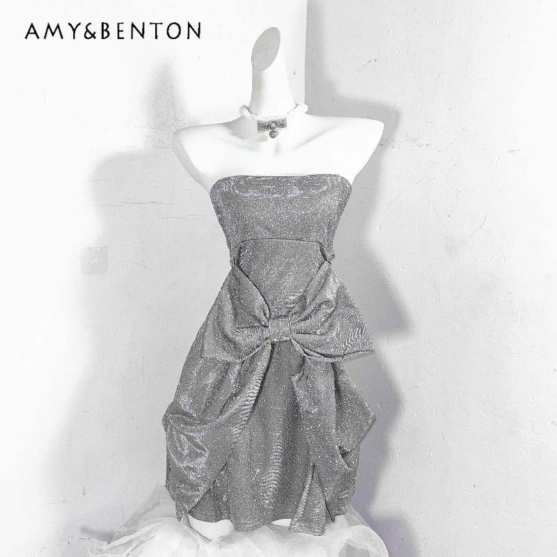 

Original Design Silver Gothic Sparkling Sexy Bodycon women's Dress 2025 Autumn Punk New Style Hot Girl Mini Dresses Gown Ladies