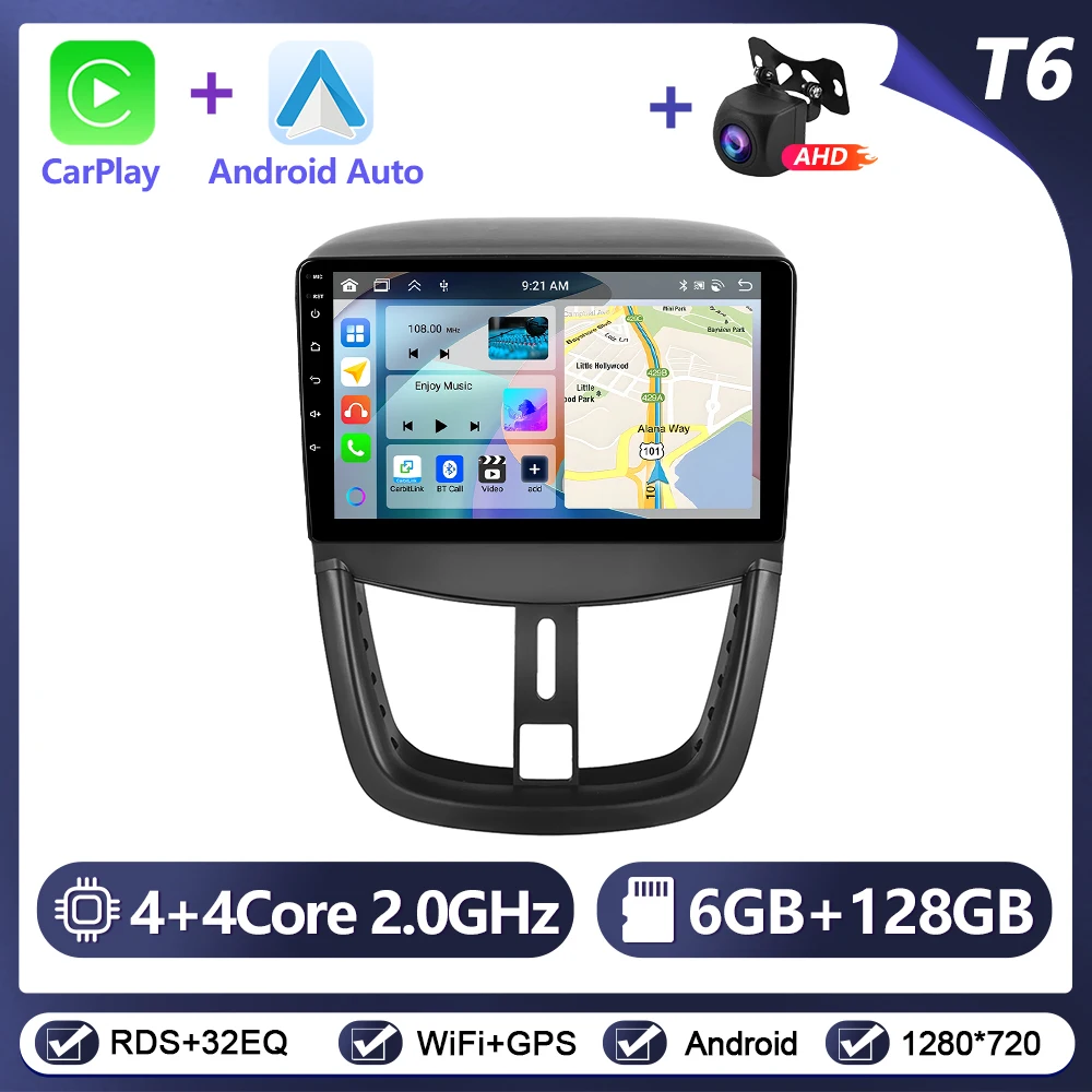 Podofo draadloze CarPlay Android Auto autoradio voor Peugeot 207 2009-2013 GPS navigatie 2Din multimediasysteem autoradio stereo