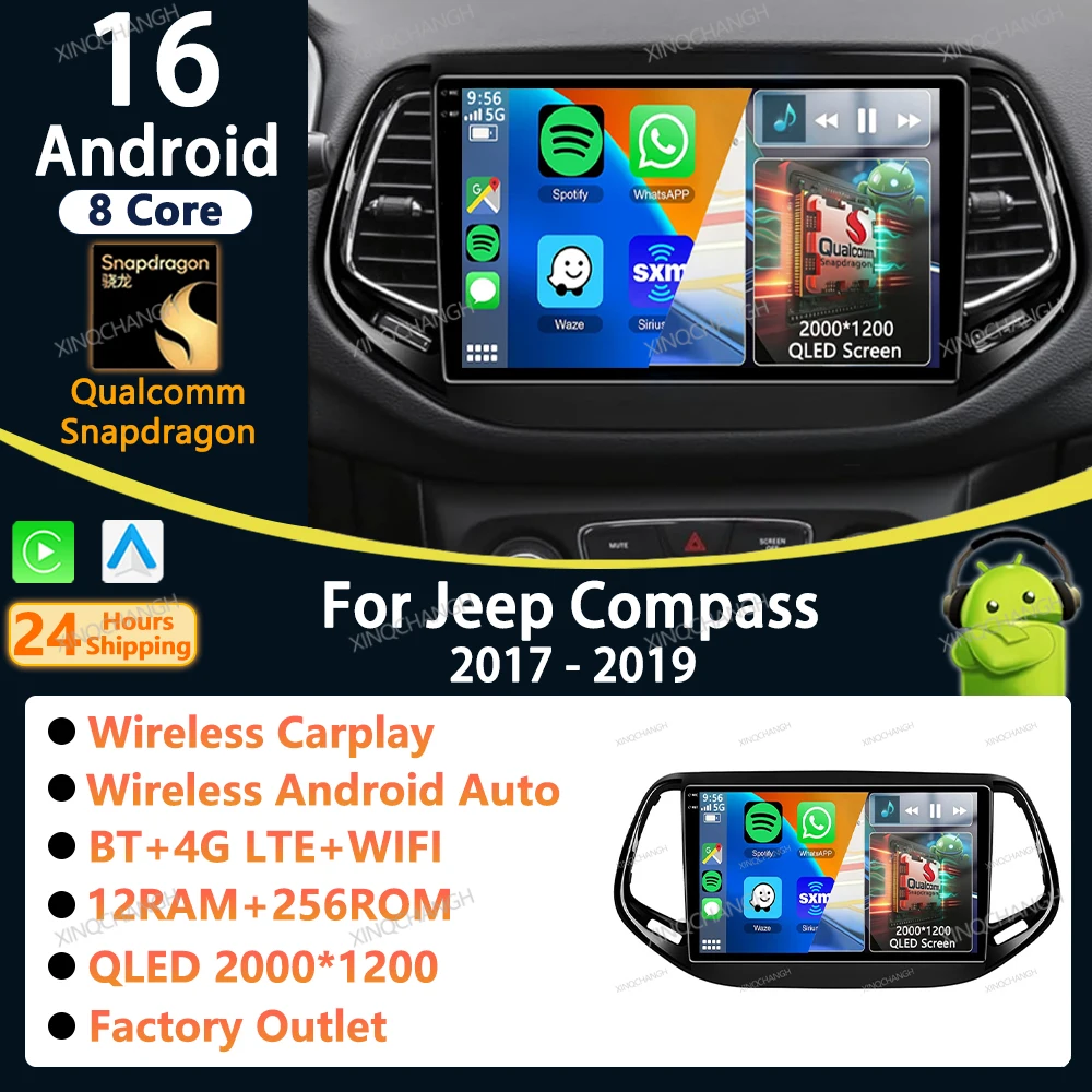 Android 16 Car Radio Carplay Auto For Jeep Compass 2017 2018 2019 Player Audio Dash Fitting Panel Kit Video 2 DIN Head Unit DIN