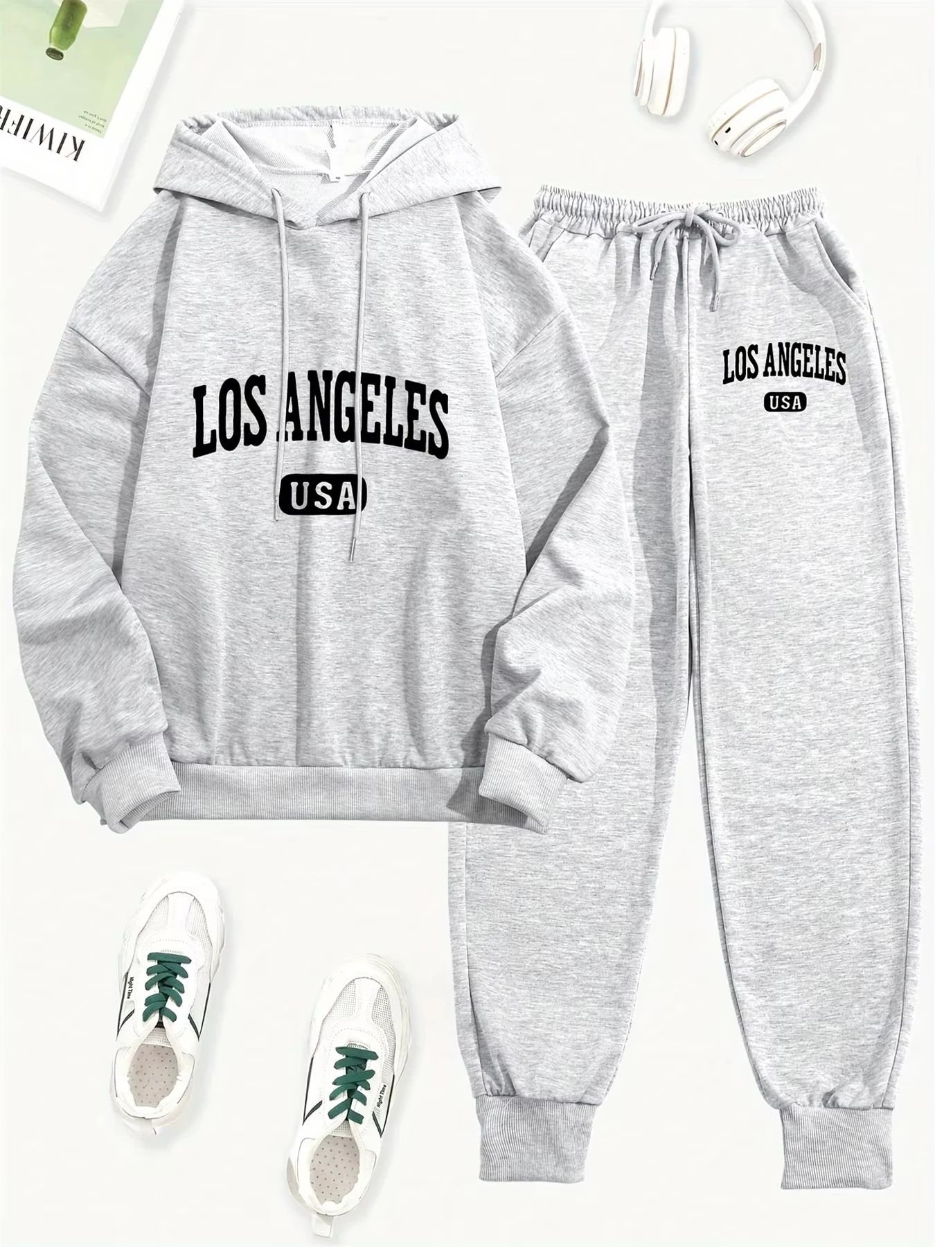 Women's Autumn_Winter Hoodie+Sports Pants Set for Street Casual Los Angeles USA Letter Printed Fashion and Velvet Warm Clothing
