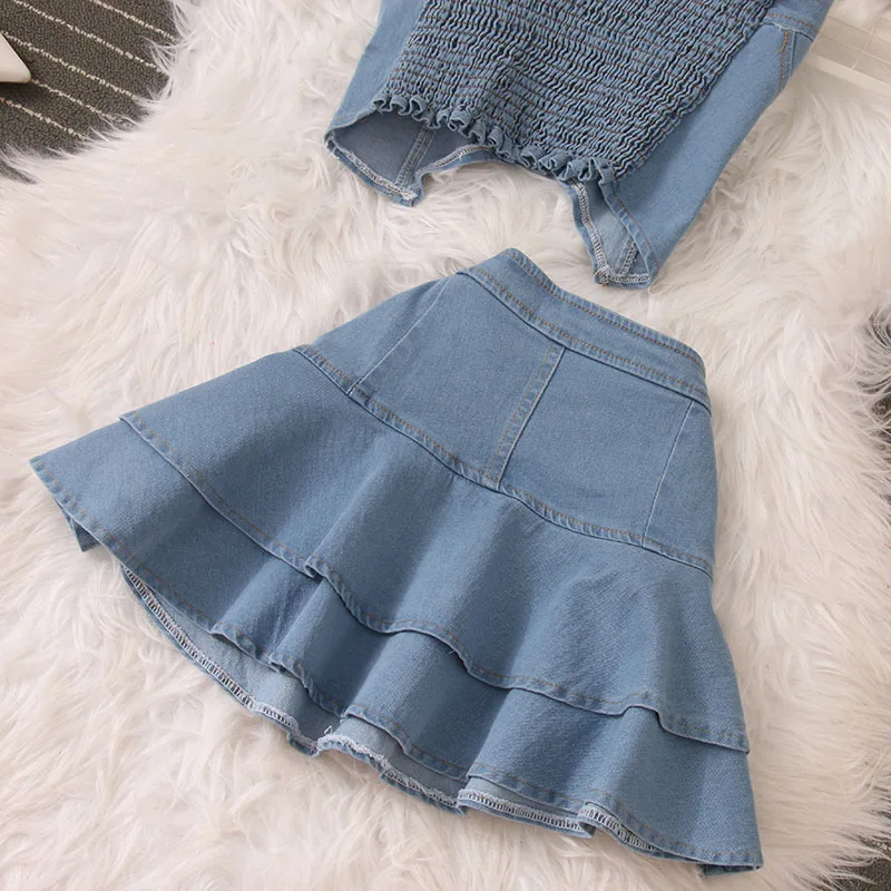 Women Denim Skirts 2pcs Suits Spaghetti Strap Vest Tops + High Waist Pleated Jeans Mini Skirt Clothing Sets Outfits