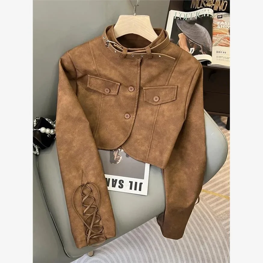 

American Retro Desert Wasteland Sle ort Leather Jaet Women's Spring Autumn Tall Brown Open Cardigan Top Faionable