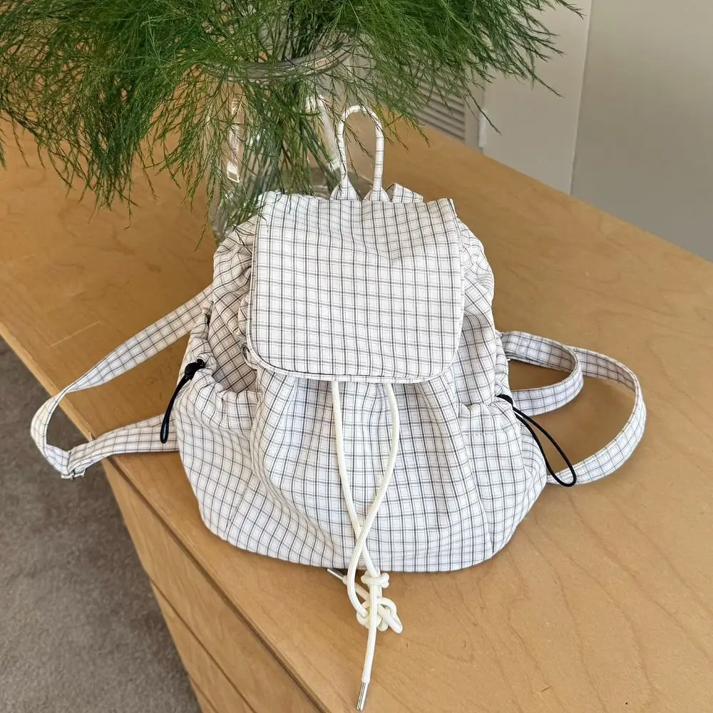 Solid Color Drawstring Backpacks Korean Canvas Plaid Nylon Backpacks Light Weight Large Capacity Student Schoolbag Men Women