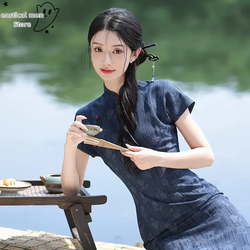 Lady Sexy Side Slit Lace Up Qipao Navy Blue Jacquard Flower Cheongsam Vintage Stand Collar Vestidos Gown New Chinese Style Dress view 5