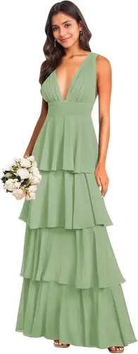 Vestido de noche de gasa con borde con volantes en capas, escote en V profundo, té imperio, vestido de dama de honor Formal largo, vestido de noche elegante para mujer