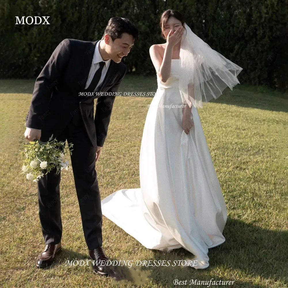 

MODX 2025 Wedding Dress Photo Shoot Strapless Satin Bridal Gown Floor Length Sleeveless Back Corset Custom Made Veil free