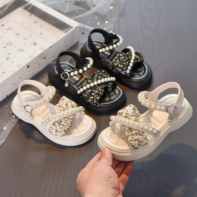 Girls Princess Sandals Children Cross Pearls Sandals Summer Fashion Little Kids Beach Shoes Anti-Slippery Soft Sole Size 26-37