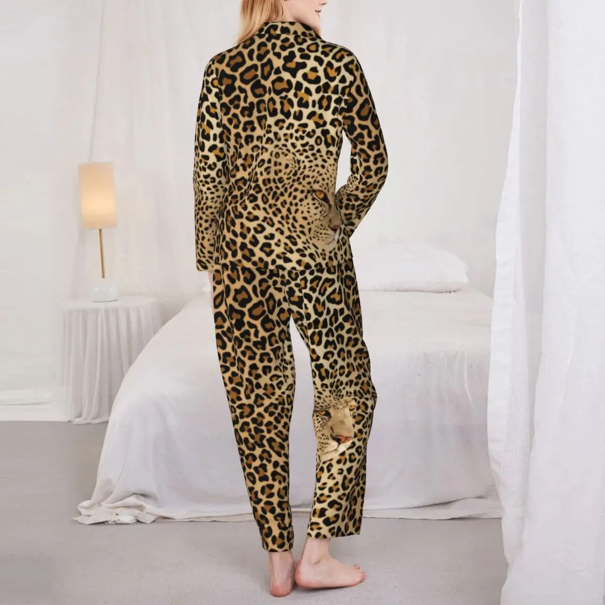 Cheetah Brown Pajamas Woman Hidden Leopard Graphic Kawaii Room Nightwear Autumn Two Piece Casual Oversized Custom Pajama Set