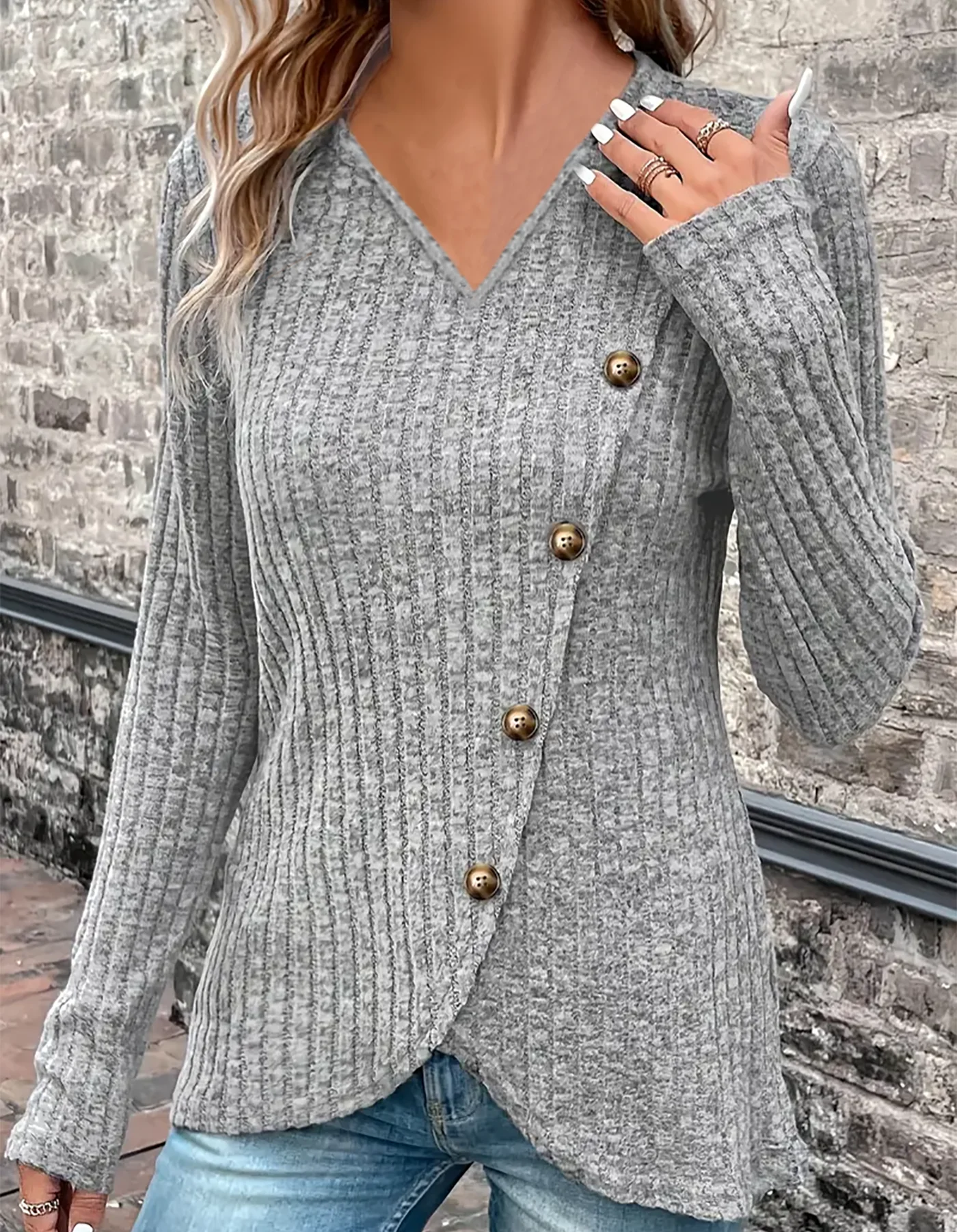 Women's Autumn Winter V-Neck Long Sleeve Ribbed Knit Sweater Asymmetrical Button Irregular Hem Casual Pullover Top