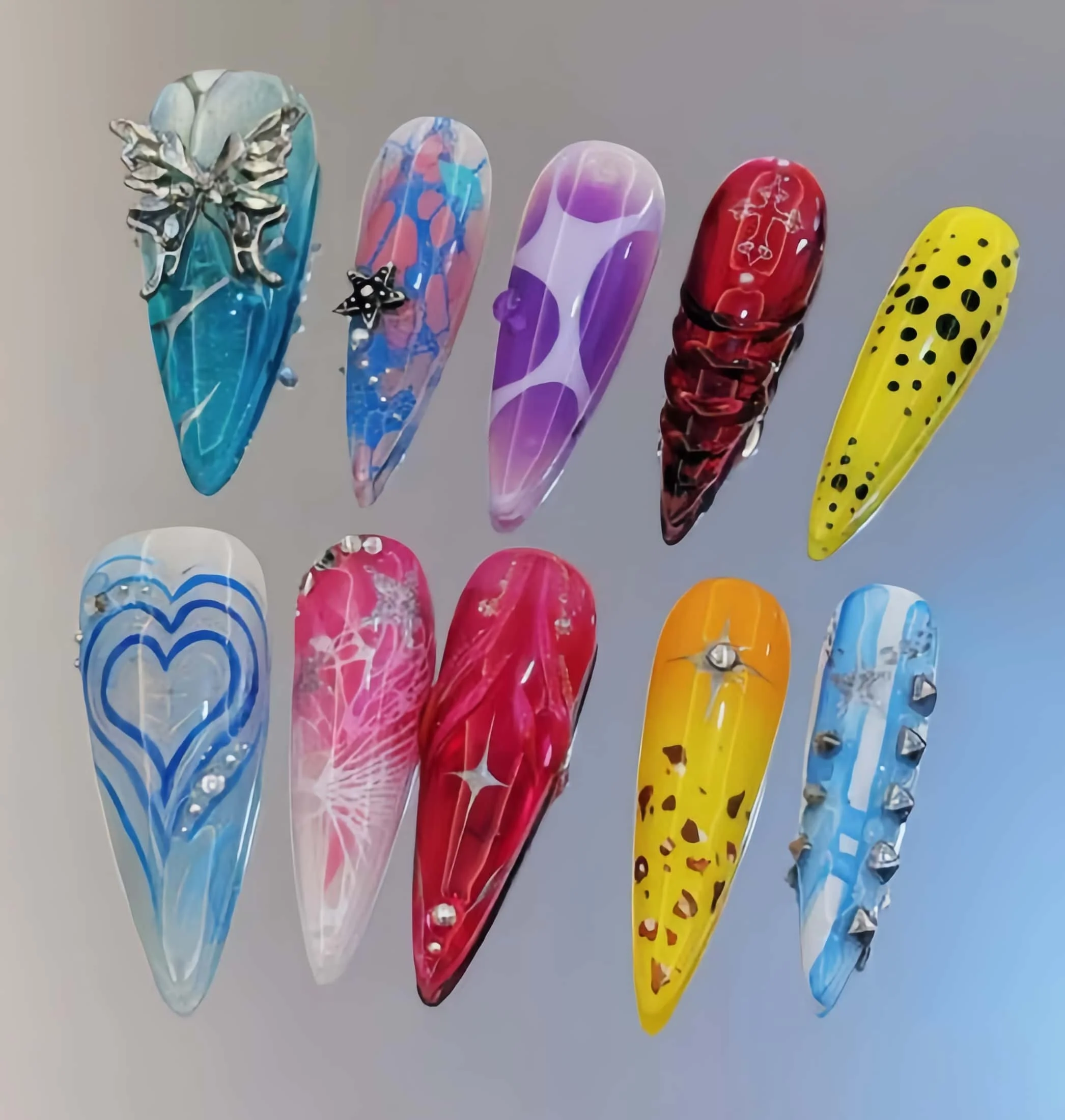 10 Pieces of Handmade Wearable Nail Art with Extra-Long Pointed Full Coverage Nail Tips, Extra-Long Length, Multi-Color Contrasting Splash-Ink Rivet Design, Y2K Hot Girl Trendy Style, Suitable for Summer Music Festivals, Trendy Brand Shopping, Street Fashion Photoshoots, Nightclub Dancing, Trendy Gifts, Includes 1 Piece of Jelly Glue and 1 Nail File