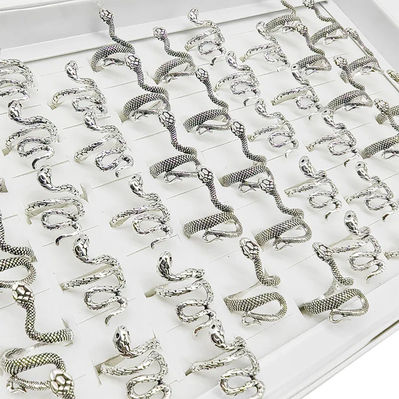 50pcs/Lot Wholesale Mix Style Vintage Silver Color Snake Finger Rings for Women Men Hot Open Adjust Big Animal Jewelry Party Bar