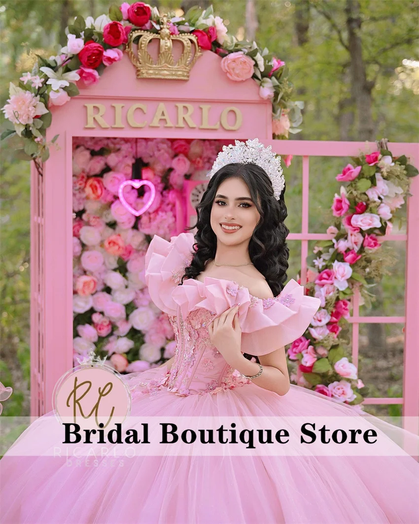 Pink Puffy Princess Ball Gown Quinceañera Dresses 2025 Beads Crystal Appliques Ruffles Birthday Party Gown For 15th Girls Custom