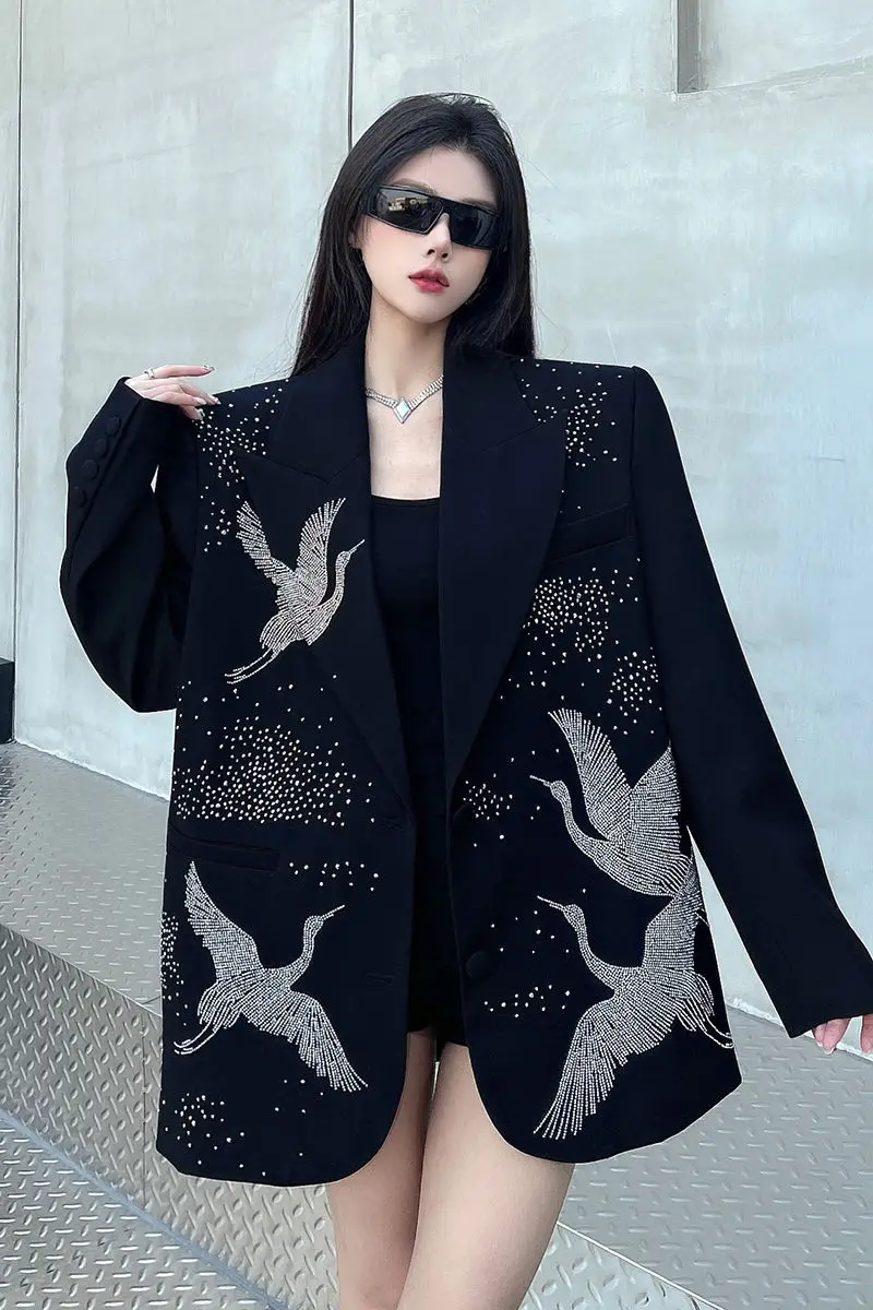 

Insozkdg Black High end Hot Diamond Suit Jacket for Women Spring New Luxury Loose Casual Shoulder Padded Suit Blazers Women Top