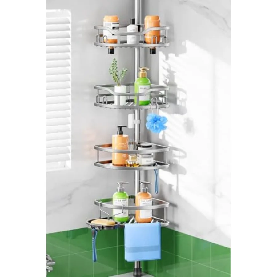 

Напольная угловая полка-органайзер для душа на распорной штанге: нержавеющая, быстромонтируемая, для арендаторов - 4-ярусная, большой вместимости