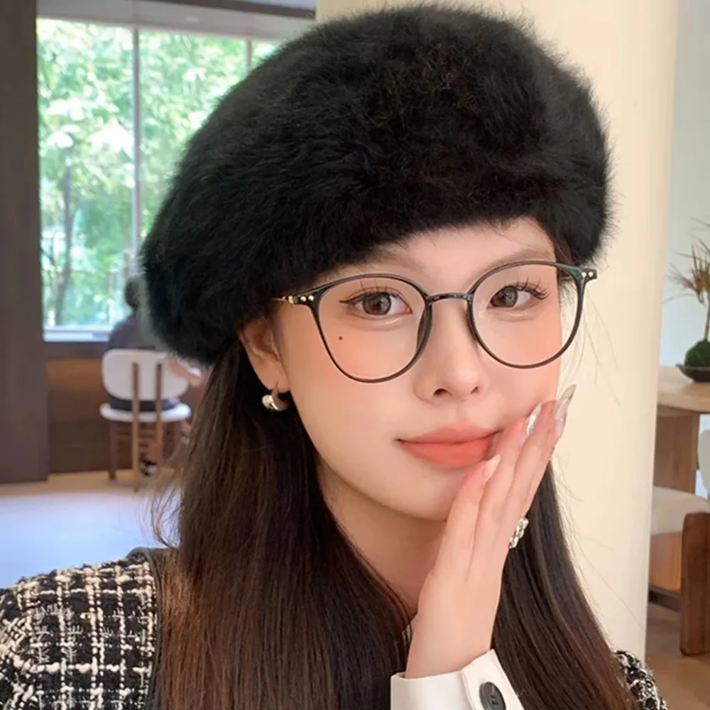 Leopard Print Faux Rabbit Fur Beret Solid Color Thicken Painter Beret Hat Keep Warm Flush Furry Octagonal Beanie Cap Women Girl