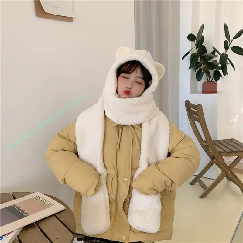 

R7UF 3 in 1 Hooded Long Scarf Hat with Pockets Gloves for Cat Ears Plush Warm Shawl W