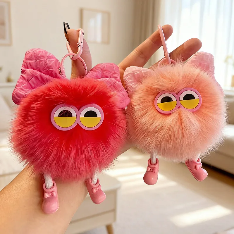 Big Eyed Bow Plush Ball Pendant Cute Bag Car Keychain Hanging Decoration Backpack Doll, Toy Birthday Gift Wholesale