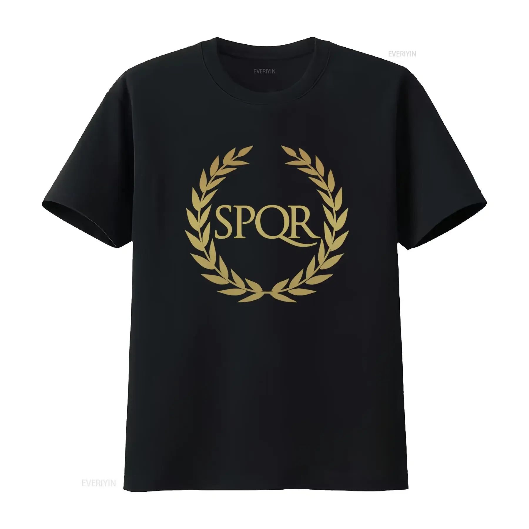 T-shirt SPQR avec motif couronne de lauriers dorée, symbole de la Rome antique, vintage, délavé, unisexe, légèrement décontracté, graphique, polyvalent, mode, doux