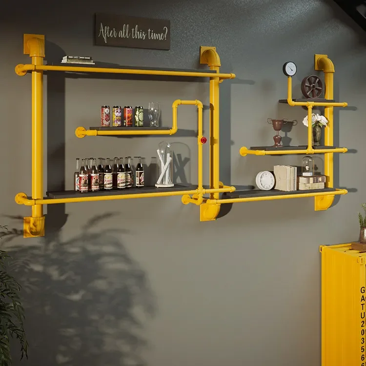 Wrought iron water pipe wall  wine rack creative wall decoration retro bookshelf industrial style baffle wall shelf