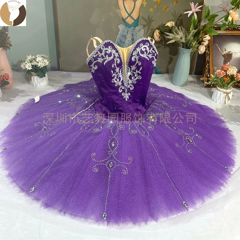 FLTOTURE Professional Women Girls Dark Purple Shiny Elastic Classical Satanella Variation Ballet YAGP Costumes Tutu Skirt