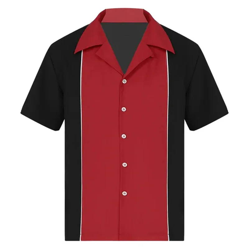 Bowling masculino camisa de botão manga curta retro, botão, camisa casual, bloco de cor, listrado, camisa, colarinho, vendendo, novo, 5XL