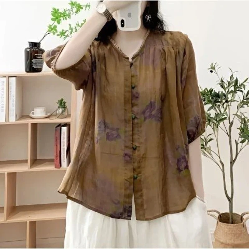 

Women V Neck Blouse With Floral Print Loose Fit Casual Boho Style Summer Short Sleeve Puff Sleeve Shirt With Button Closure Mid