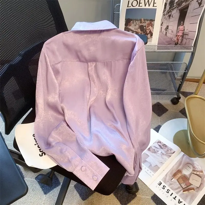 French Style Shirts Women Gentle Purple Single Breasted Solid Loose Long Sleeve Turn-down Collar Ladies Spring Fashion Pockets