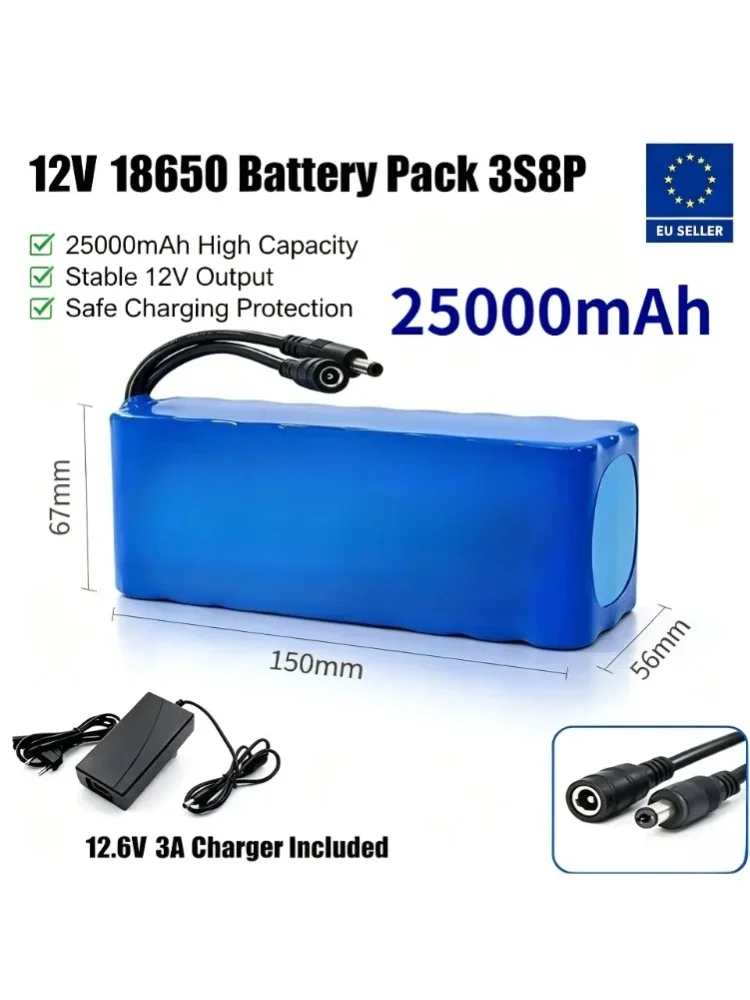 12V 25000mAh 18650 Li-Ionen-Akku-Pack 3S8P Intelligente BMS-Schutzplatine Wiederaufladbar für Solarenergiespeicher, Stromstation, Elektroroller, LED-Licht, CCTV |   EU-VERKÄUFER