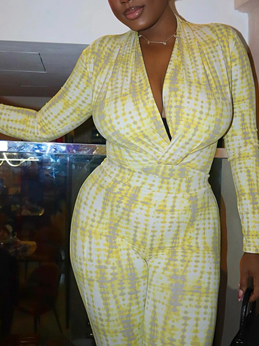 ZIML Hit Color Dot Printing Folds Slimming Elegant Jumpsuit Deep V Neck Long Sleeve Temperament Jumpsuis Female Fashion Style