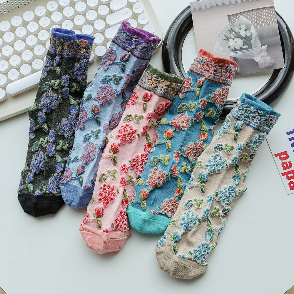 5 Pairs Streetwear Winter Cotton Socks Women Fashion Harajuku High Quality Flower Print Kawaii Socks Korean Style Long Sokken