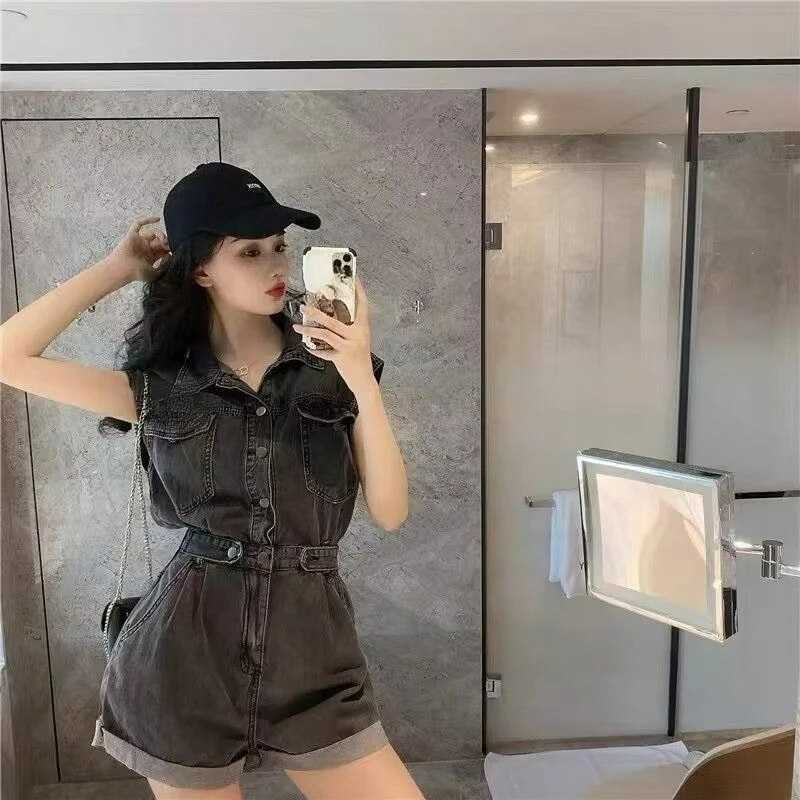 Korean Version of The Summer New Waist  Thin Denim Retro Tooling Style Foreign Style Age Reduction Solid Color One-piece Shorts